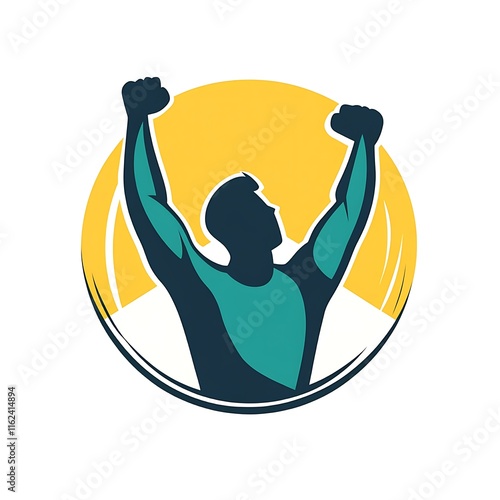 Triumphant Silhouette: A stylized vector illustration of a muscular man raising his arms in victory against a vibrant yellow sun, symbolizing achievement and strength. photo