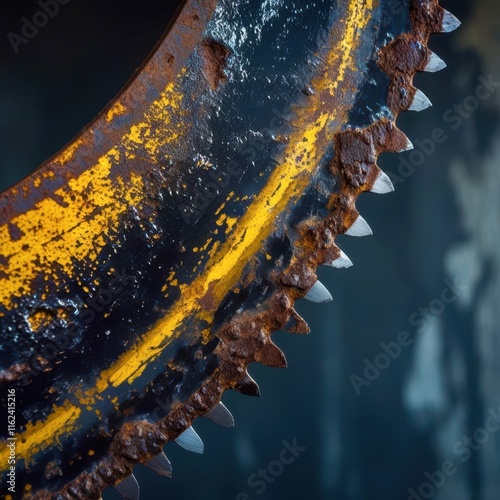 Rusty saw blade with yellow paint on it photo