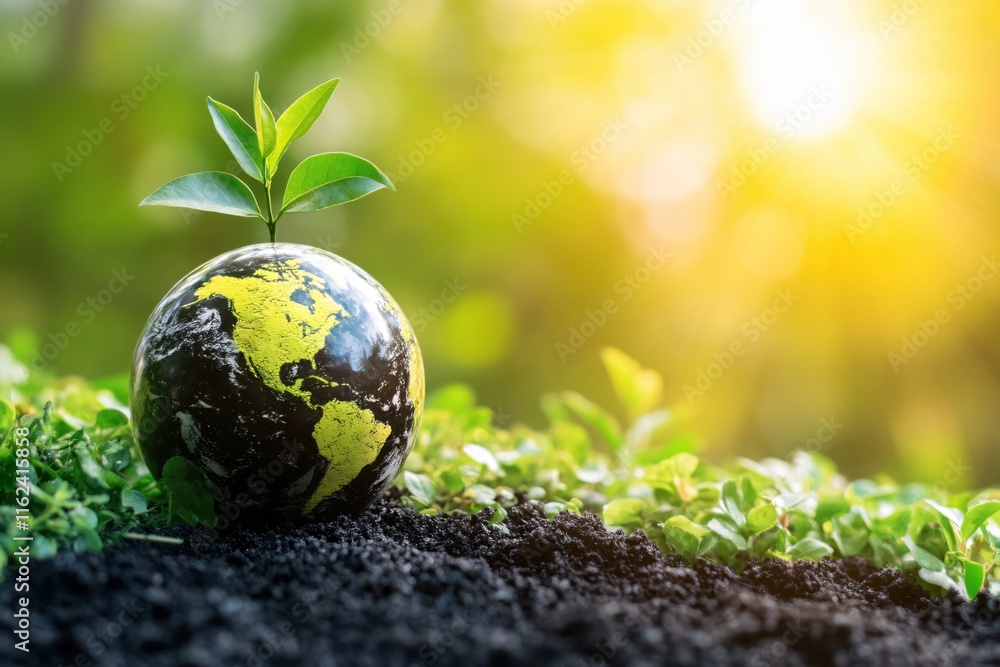 Green Plant Growing from Earth Globe on Soil with Sunlight in Background Green Plant Growing from Earth Globe on Soil with Sunlight in Background