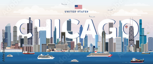 Chicago city skyline colorful vector illustration. Travel poster