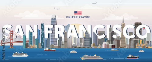 San Francisco city skyline colorful vector illustration. Travel poster