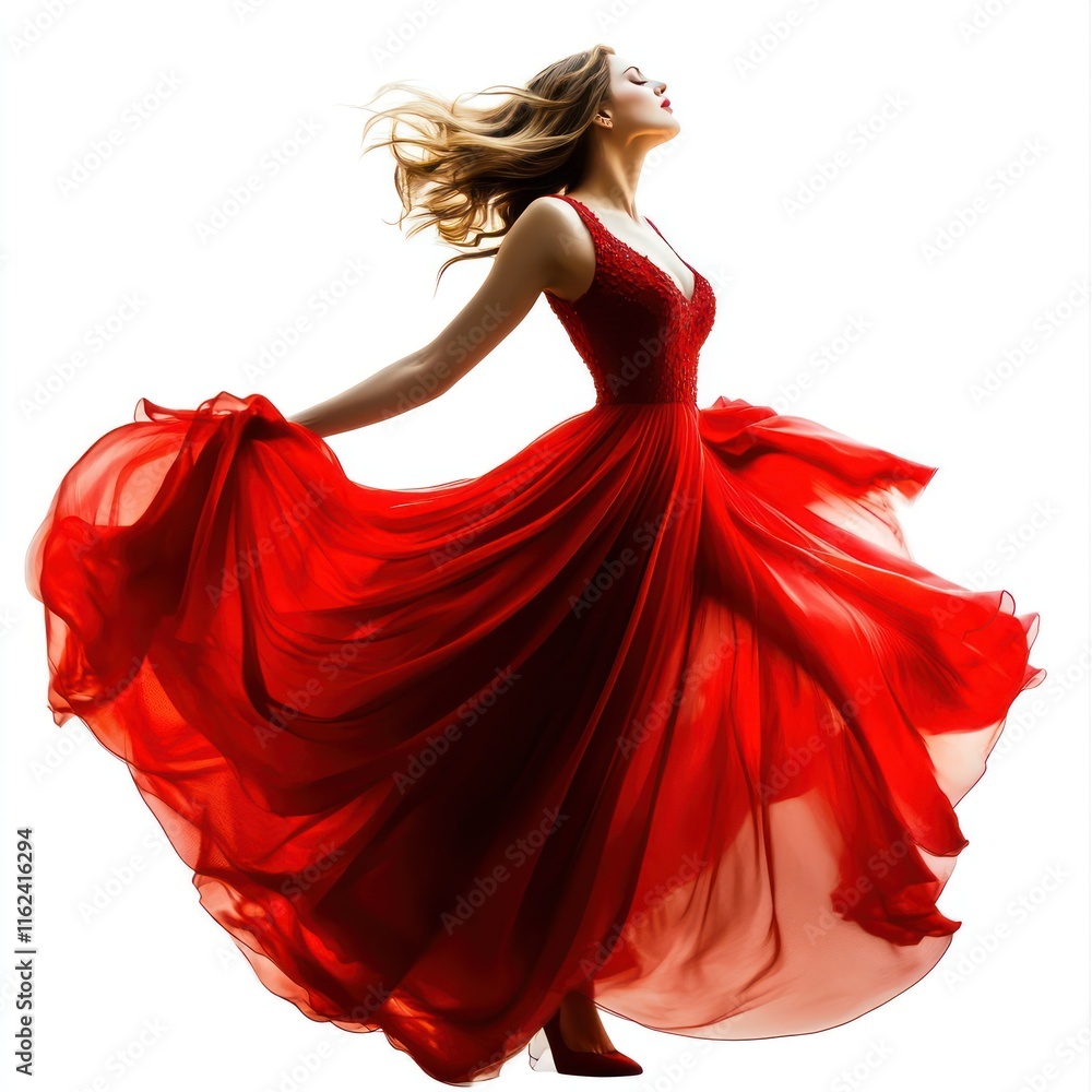 Fashion woman in fluttering red long dress Isolated on White Background Generative AI Fashion woman in fluttering red long dress Isolated on White Background Generative AI