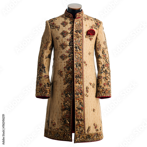 Embroidered Indian Mens Sherwani, Beige, Gold, Red, Jeweltoned photo