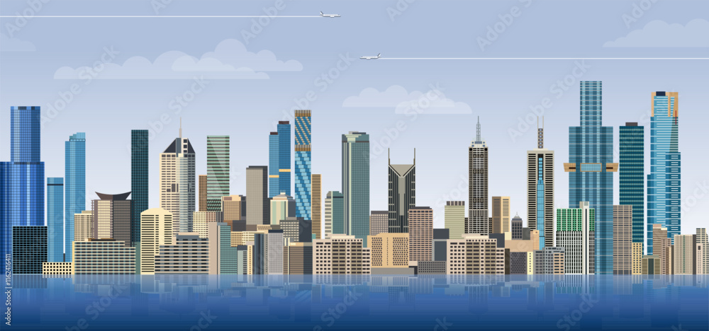 Fototapeta premium Melbourne city skyline on gradient beautiful day sky background. Vector illustration