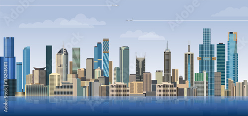 Melbourne city skyline on gradient beautiful day sky background. Vector illustration