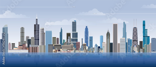 Chicago city skyline on gradient beautiful day sky background. Vector illustration