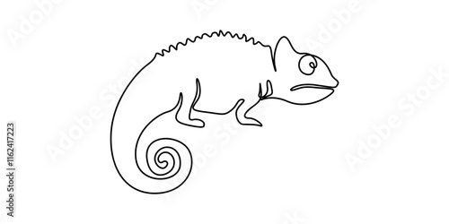 Continuous one line drawing of chameleon. Cameleon single line art vector illustration. Editable stroke, Single one curly line drawing of cute chameleon abstract art. Continuous line draw graphic.