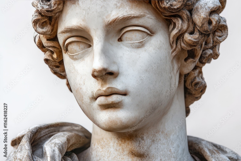 A close-up of a classical marble statue depicting a youthful figure with curly hair. A close-up of a classical marble statue depicting a youthful figure with curly hair.