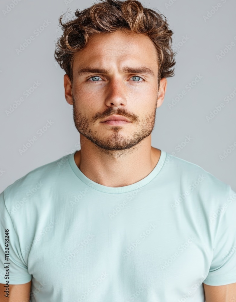 Man in Light Mint T-Shirt Looking at Camera on White Background Man in Light Mint T-Shirt Looking at Camera on White Background