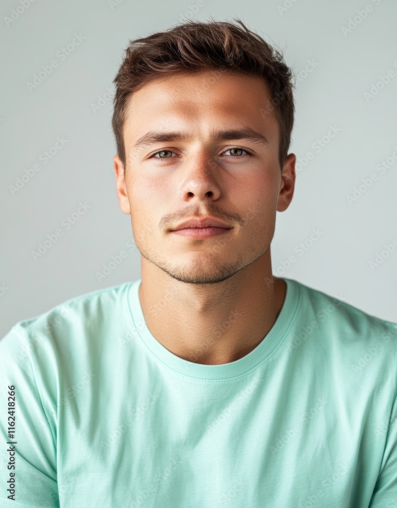 Obraz premium Man in Light Mint T-Shirt Looking at Camera
