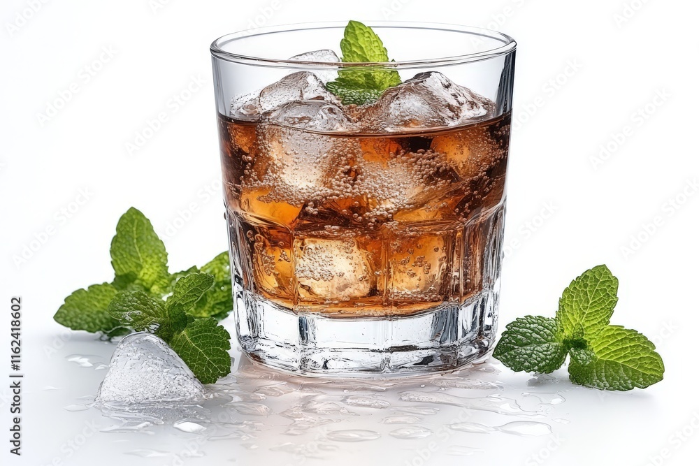 A refreshing drink with ice and mint leaves in a glass, ideal for relaxation. A refreshing drink with ice and mint leaves in a glass, ideal for relaxation.