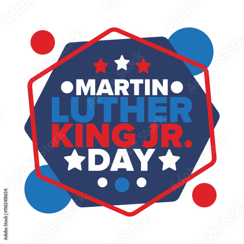 Martin Luther King, Jr. Day. Celebrated annual in United States in January, federal holiday. African American Rights Fighter. Patriotic american elements. Poster, card, banner, background. Vector