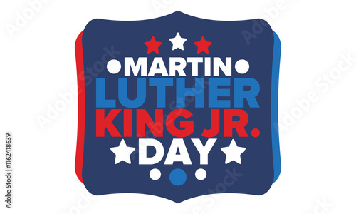 Martin Luther King, Jr. Day. Celebrated annual in United States in January, federal holiday. African American Rights Fighter. Patriotic american elements. Poster, card, banner, background. Vector