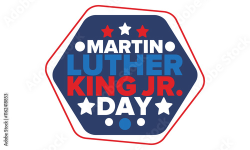 Martin Luther King, Jr. Day. Celebrated annual in United States in January, federal holiday. African American Rights Fighter. Patriotic american elements. Poster, card, banner, background. Vector
