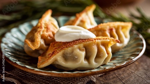 Close-up of golden fried dumplings with a dollop of sour cream on a rustic plate, garnished with herbs photo