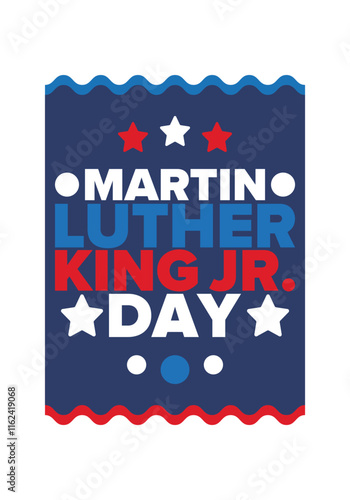 Martin Luther King, Jr. Day. Celebrated annual in United States in January, federal holiday. African American Rights Fighter. Patriotic american elements. Poster, card, banner, background. Vector