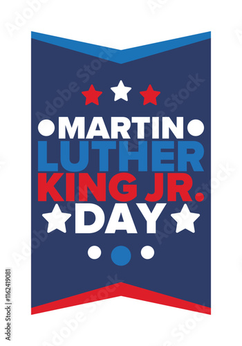Martin Luther King, Jr. Day. Celebrated annual in United States in January, federal holiday. African American Rights Fighter. Patriotic american elements. Poster, card, banner, background. Vector