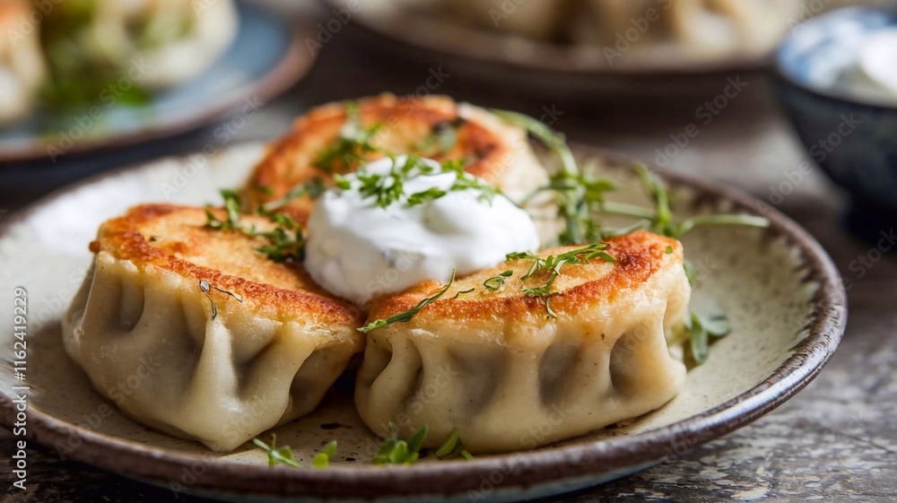 Close-up of golden fried dumplings with a dollop of sour cream on a rustic plate, garnished with herbs Close-up of golden fried dumplings with a dollop of sour cream on a rustic plate, garnished with herbs