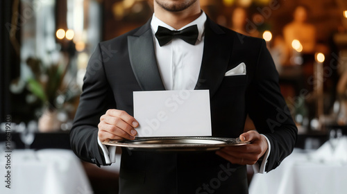 Elegant waiter presents a blank card on a silver tray in an upscale restaurant setting during an evening service