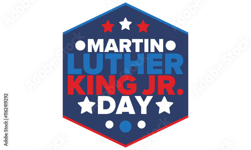 Martin Luther King, Jr. Day. Celebrated annual in United States in January, federal holiday. African American Rights Fighter. Patriotic american elements. Poster, card, banner, background. Vector