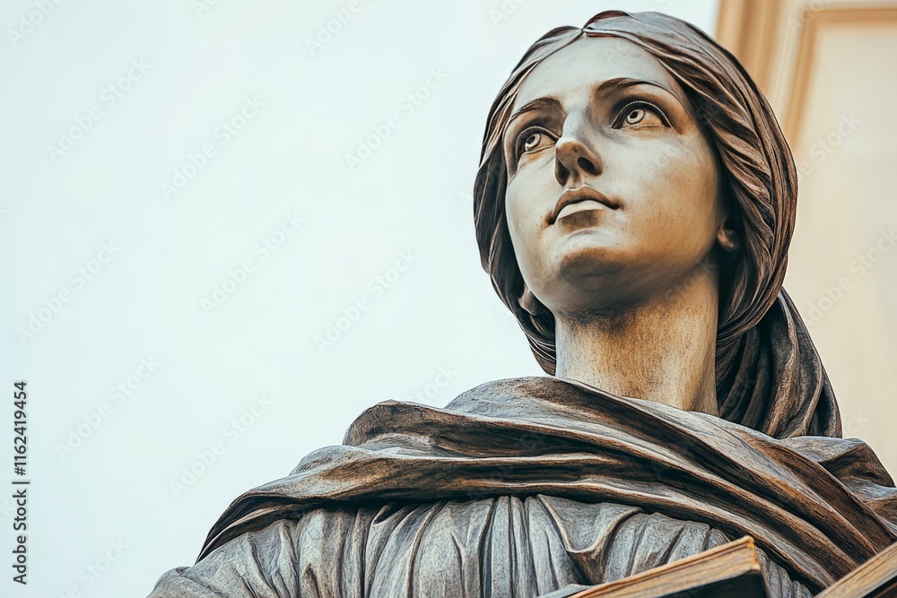 Obraz premium A detailed statue of a woman holding a book, symbolizing knowledge and wisdom.