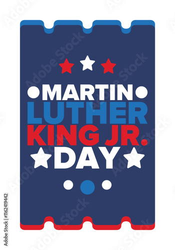 Martin Luther King, Jr. Day. Celebrated annual in United States in January, federal holiday. African American Rights Fighter. Patriotic american elements. Poster, card, banner, background. Vector