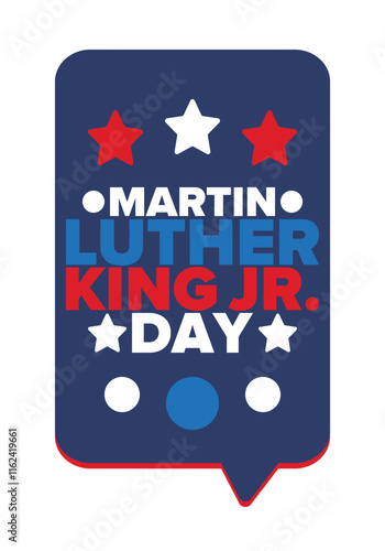 Martin Luther King, Jr. Day. Celebrated annual in United States in January, federal holiday. African American Rights Fighter. Patriotic american elements. Poster, card, banner, background. Vector