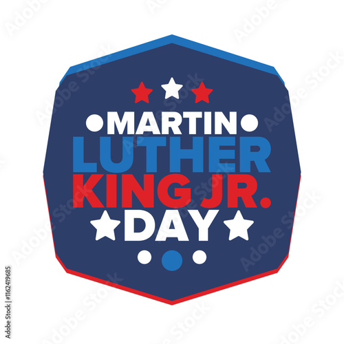 Martin Luther King, Jr. Day. Celebrated annual in United States in January, federal holiday. African American Rights Fighter. Patriotic american elements. Poster, card, banner, background. Vector