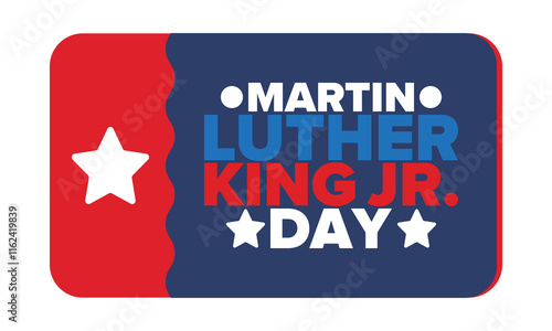 Martin Luther King, Jr. Day. Celebrated annual in United States in January, federal holiday. African American Rights Fighter. Patriotic american elements. Poster, card, banner, background. Vector