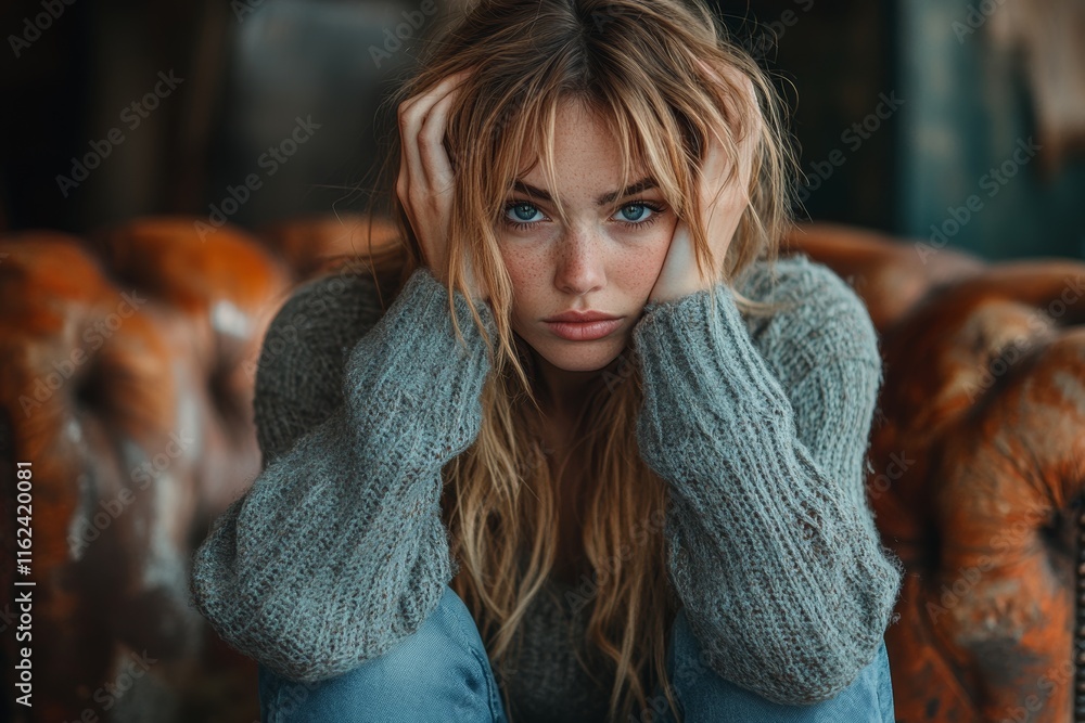 Tired Woman Sitting Exhausted with Head in Hands, potential usecase for stress, fatigue, and mental health concepts Tired Woman Sitting Exhausted with Head in Hands, potential usecase for stress, fatigue, and mental health concepts