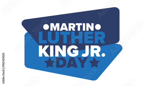 Martin Luther King, Jr. Day. Celebrated annual in United States in January, federal holiday. African American Rights Fighter. Patriotic american elements. Poster, card, banner, background. Vector