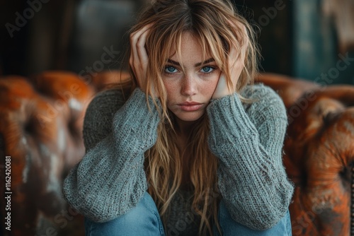 Tired Woman Sitting Exhausted with Head in Hands, potential usecase for stress, fatigue, and mental health concepts photo