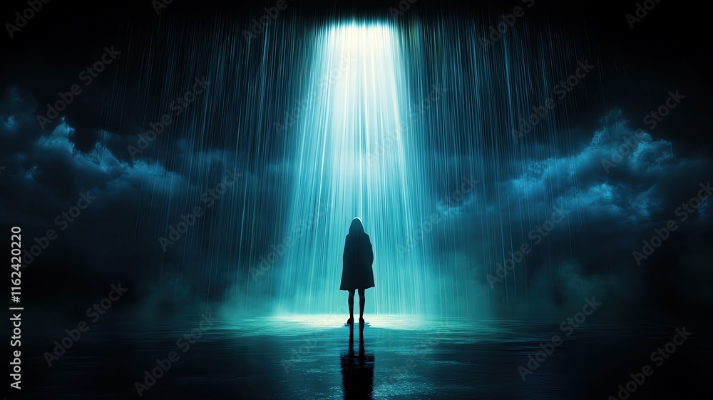 a shadowy figure standing under a torrential downpour, illuminated by a single ray of light, symbolizing determination a shadowy figure standing under a torrential downpour, illuminated by a single ray of light, symbolizing determination