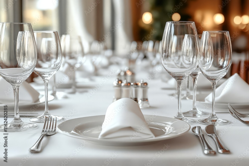 Elegant dining setup with glasses, plates, and folded napkins for a formal meal. Elegant dining setup with glasses, plates, and folded napkins for a formal meal.