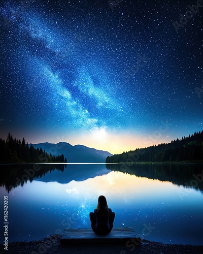 a serene lakeside reflecting a starry sky, with a lone figure sitting on the shore, evoking calm and wonder photo