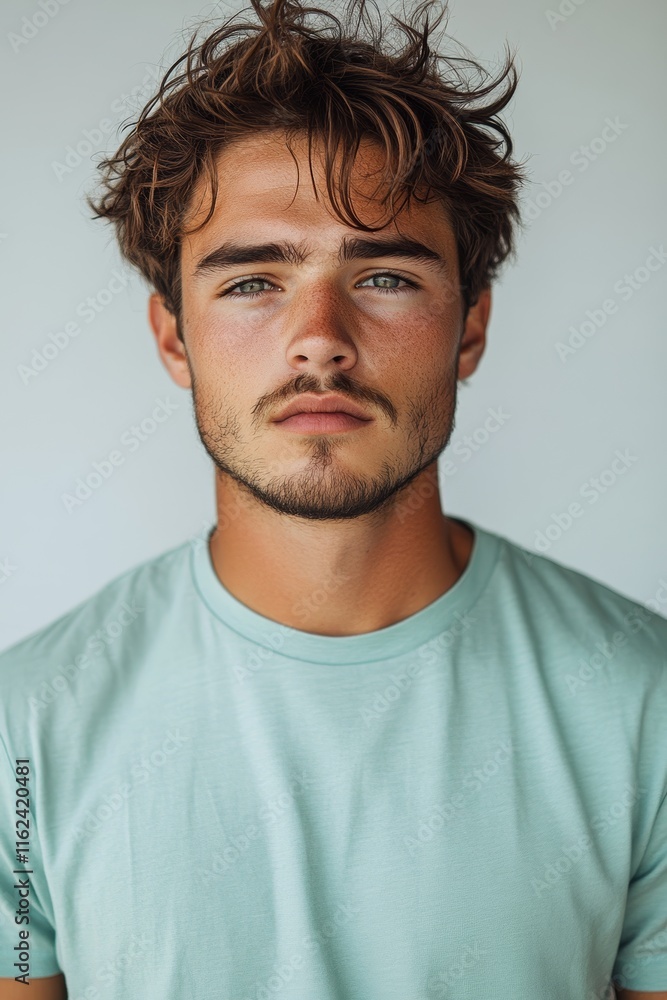 Fototapeta premium Young Man in Mint Tshirt on White Background, potential usecase for profile pictures or e-commerce product demonstrations