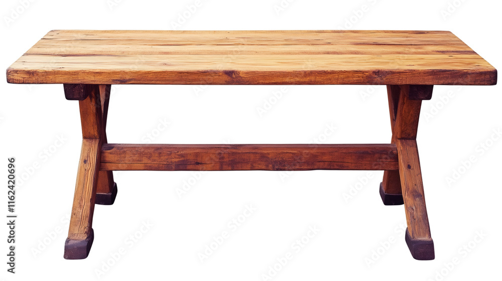 Large wooden table with thick planks and crossed legs, isolated on transparent background, ideal for interior design projects Large wooden table with thick planks and crossed legs, isolated on transparent background, ideal for interior design projects