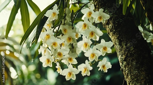 103.Beautiful dendrobium orchids in bloom hanging from low trees. deliberately maintained in the garden: photo