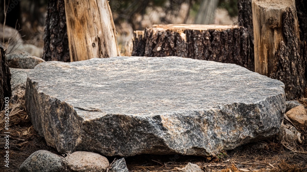 32.Close-up of a flat granite rock surface in the foreground, with rugged, natural texture and subtle gray speckles; the rock is surrounded by dried wood stumps, weathered and cracked, providing a 32.Close-up of a flat granite rock surface in the foreground, with rugged, natural texture and subtle gray speckles; the rock is surrounded by dried wood stumps, weathered and cracked, providing a