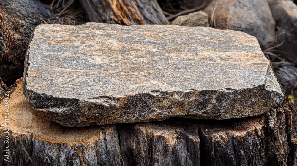 32.Close-up of a flat granite rock surface in the foreground, with rugged, natural texture and subtle gray speckles; the rock is surrounded by dried wood stumps, weathered and cracked, providing a 32.Close-up of a flat granite rock surface in the foreground, with rugged, natural texture and subtle gray speckles; the rock is surrounded by dried wood stumps, weathered and cracked, providing a