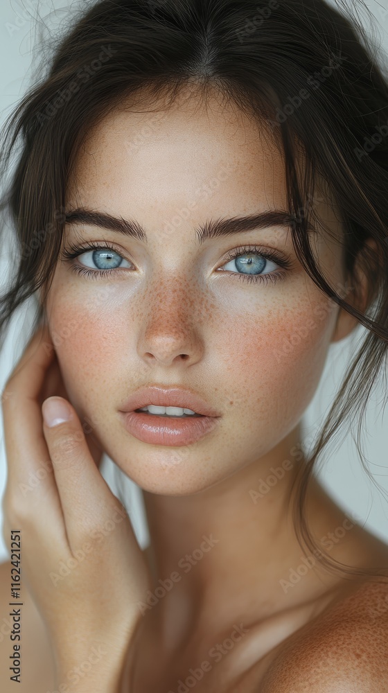 Obraz premium Young Woman with Smooth Fair Skin and Clear Complexion, potential usecase for beauty, skincare, and wellness campaigns