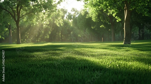 23.Green grass field in a quiet morning park, with each blade trimmed to perfection and morning light enhancing the lush, healthy appearance, ideal for a serene, natural landscape scene.