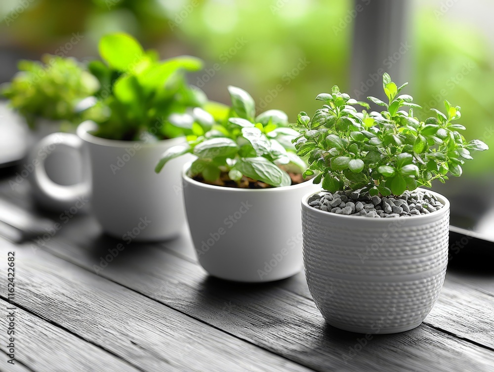 A row of potted plants on a wooden surface, showcasing greenery and nature indoors. A row of potted plants on a wooden surface, showcasing greenery and nature indoors.