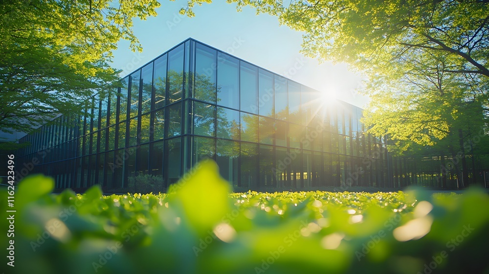 Modern glass building with bright sunlight, vibrant green leaves, and sunbeams streaming through, highlighting environmental sustainability and fresh spring atmosphere. Modern glass building with bright sunlight, vibrant green leaves, and sunbeams streaming through, highlighting environmental sustainability and fresh spring atmosphere.