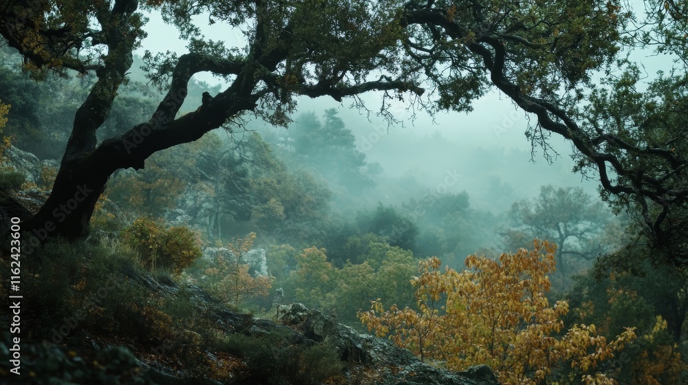 Fototapeta premium 113.Dramatic low-angle perspective of a Spanish forest in autumn, with vivid foliage fading into the fog; branches stretch above, framing the mist-filled landscape with a calm, enchanting ambiance.