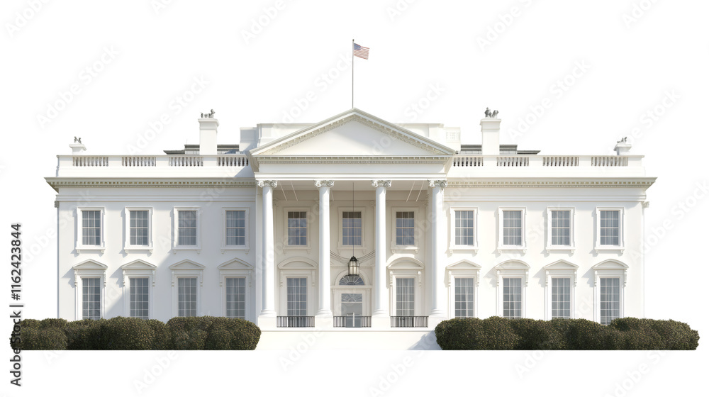 Obraz premium North facade of White House with waving American flag, transparent background, perfect for photo editing and compositing