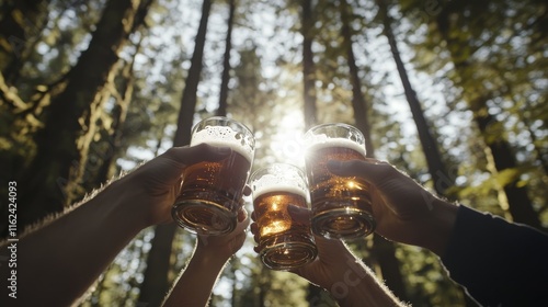 77.Close-up of raised beer cups as friends toast in a forest; a low-angle shot shows hands reaching into the sunlight among towering trees, capturing the spirit of unity and celebration in the great photo