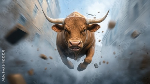 an enormous bull charging through a narrow alley, soldiers scrambling over obstacles 