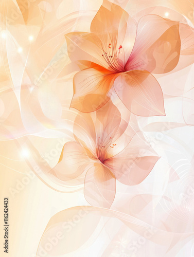 A stunning abstract depiction of peach-colored lilies with delicate petal details, surrounded by soft swirls and glowing highlights, radiating elegance and beauty.
