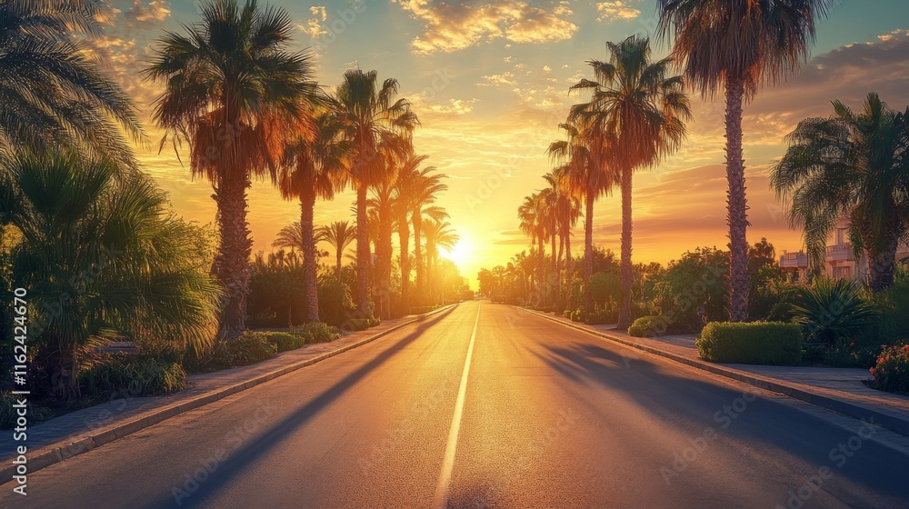 69.Palm-lined road at sunset with golden sunlight streaming through the palm fronds, casting long shadows across the asphalt; vibrant colors fill the sky, creating a picturesque summer evening 69.Palm-lined road at sunset with golden sunlight streaming through the palm fronds, casting long shadows across the asphalt; vibrant colors fill the sky, creating a picturesque summer evening